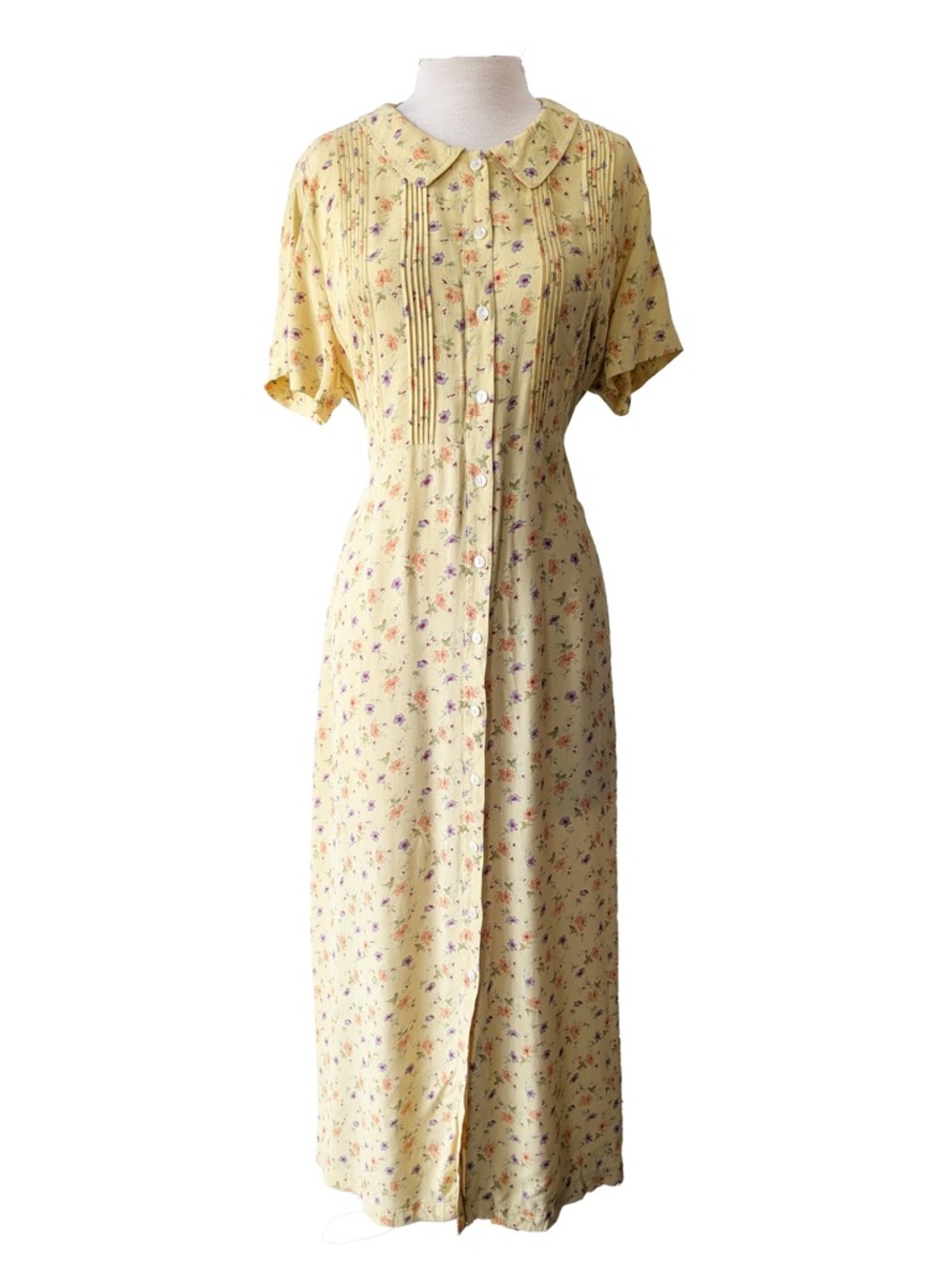 Stunning Vintage Traditional Yellow Floral Button-Front Midi Dress